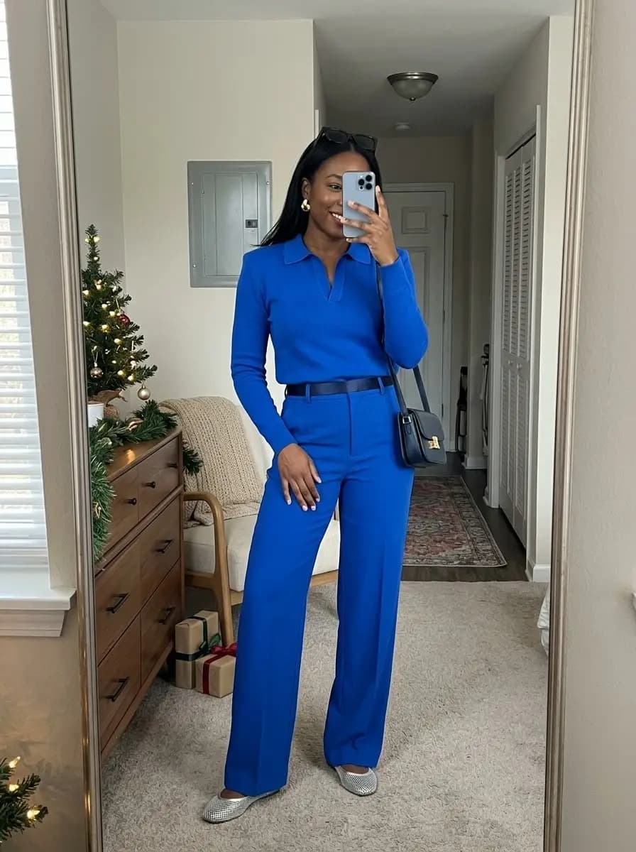 Royal blue knit polo sweater with royal blue wide-leg trousers and silver flats