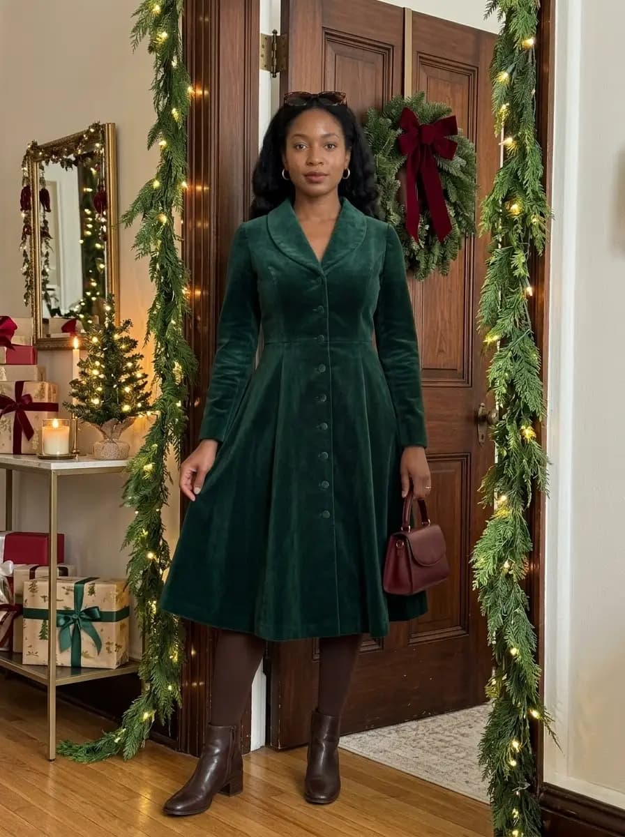 Dark green velvet fit-and-flare dress with brown tights and boots