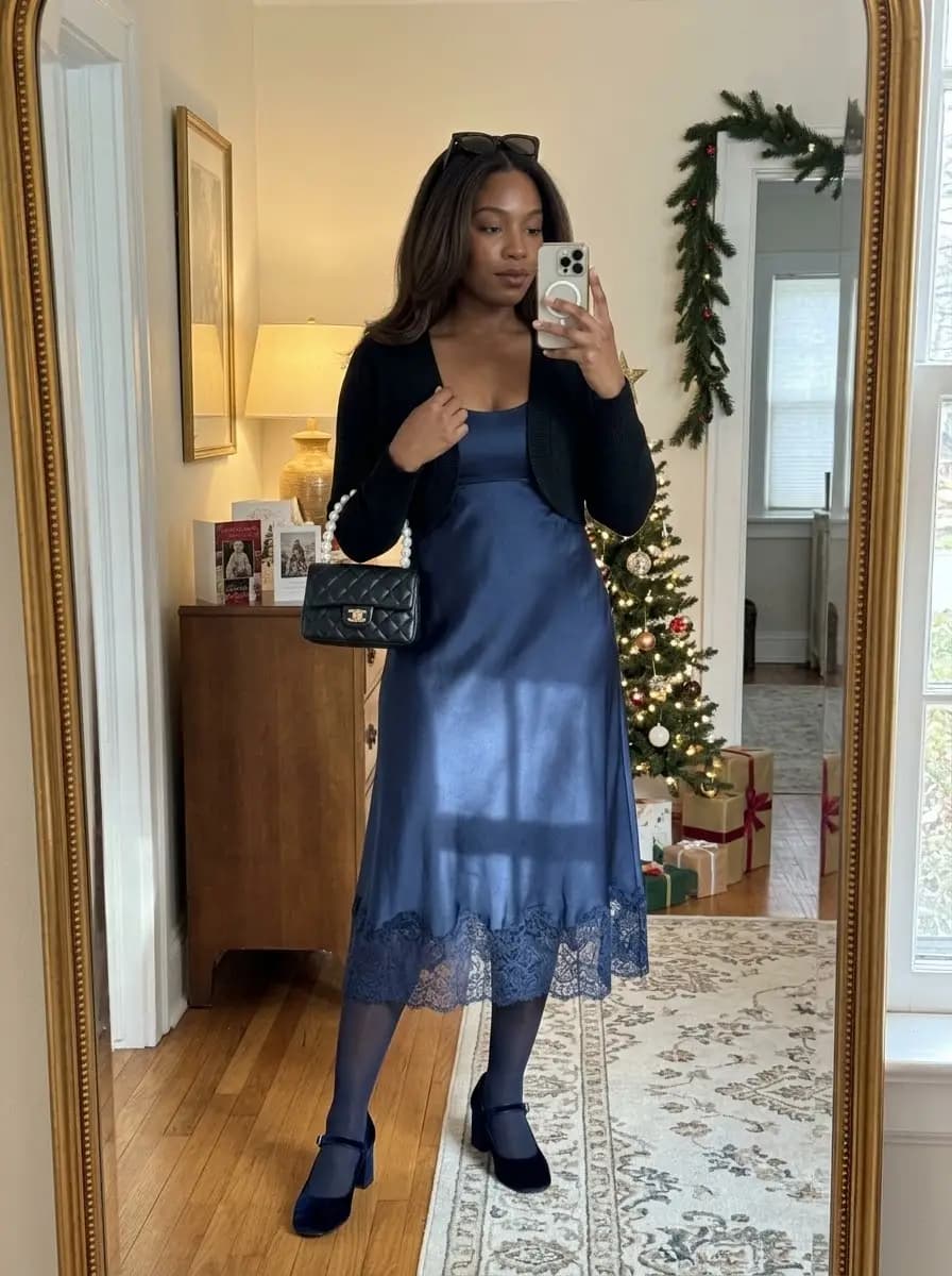 Navy blue satin slip dress with black cropped cardigan and navy tights