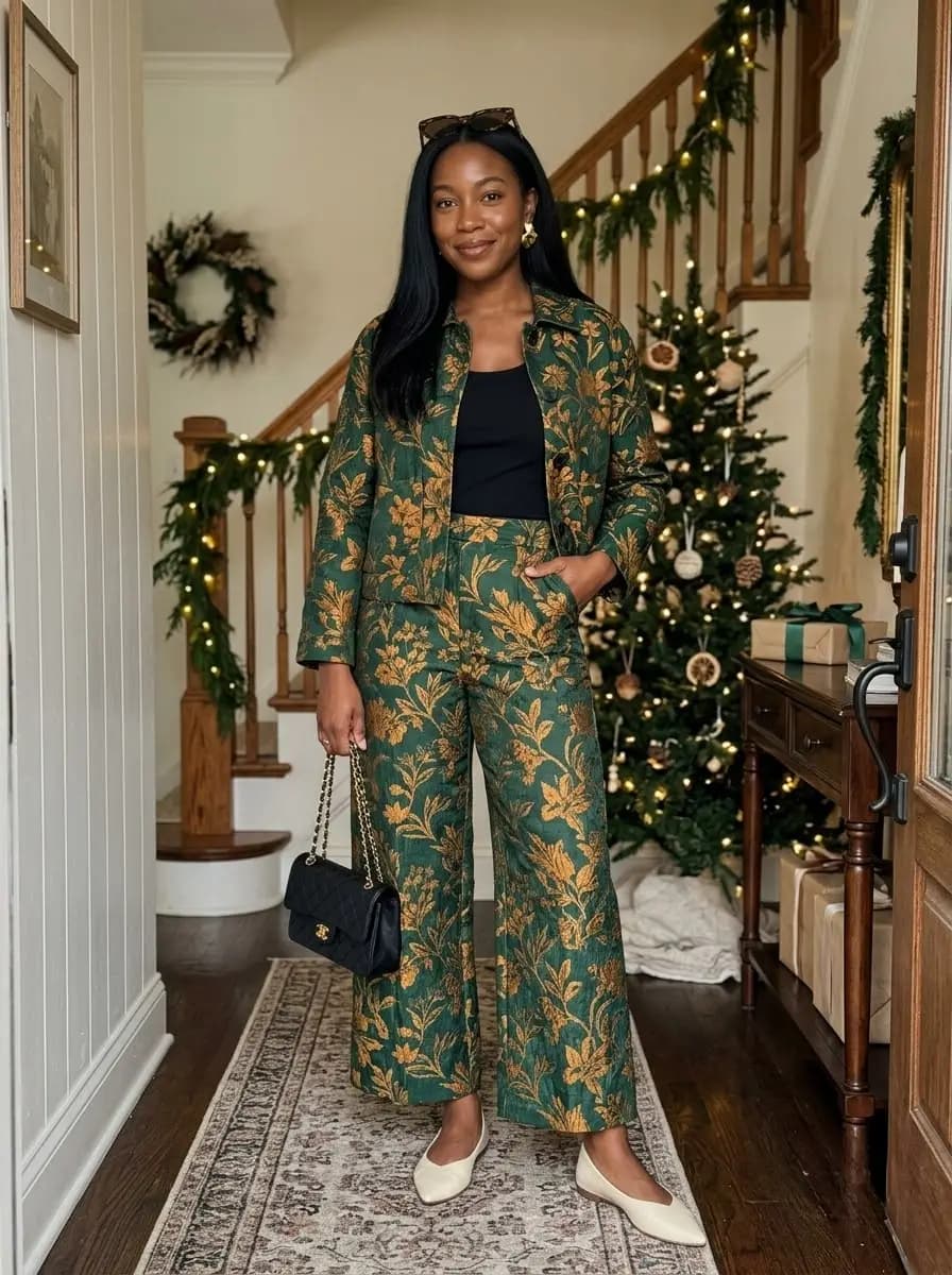 Green floral print cropped jacket and wide-leg trousers with black top
