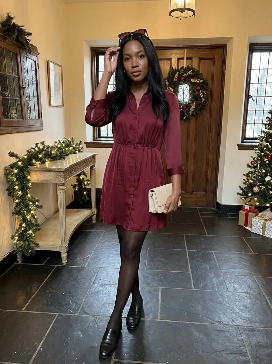 Maroon button-front shirt dress with black tights and loafers