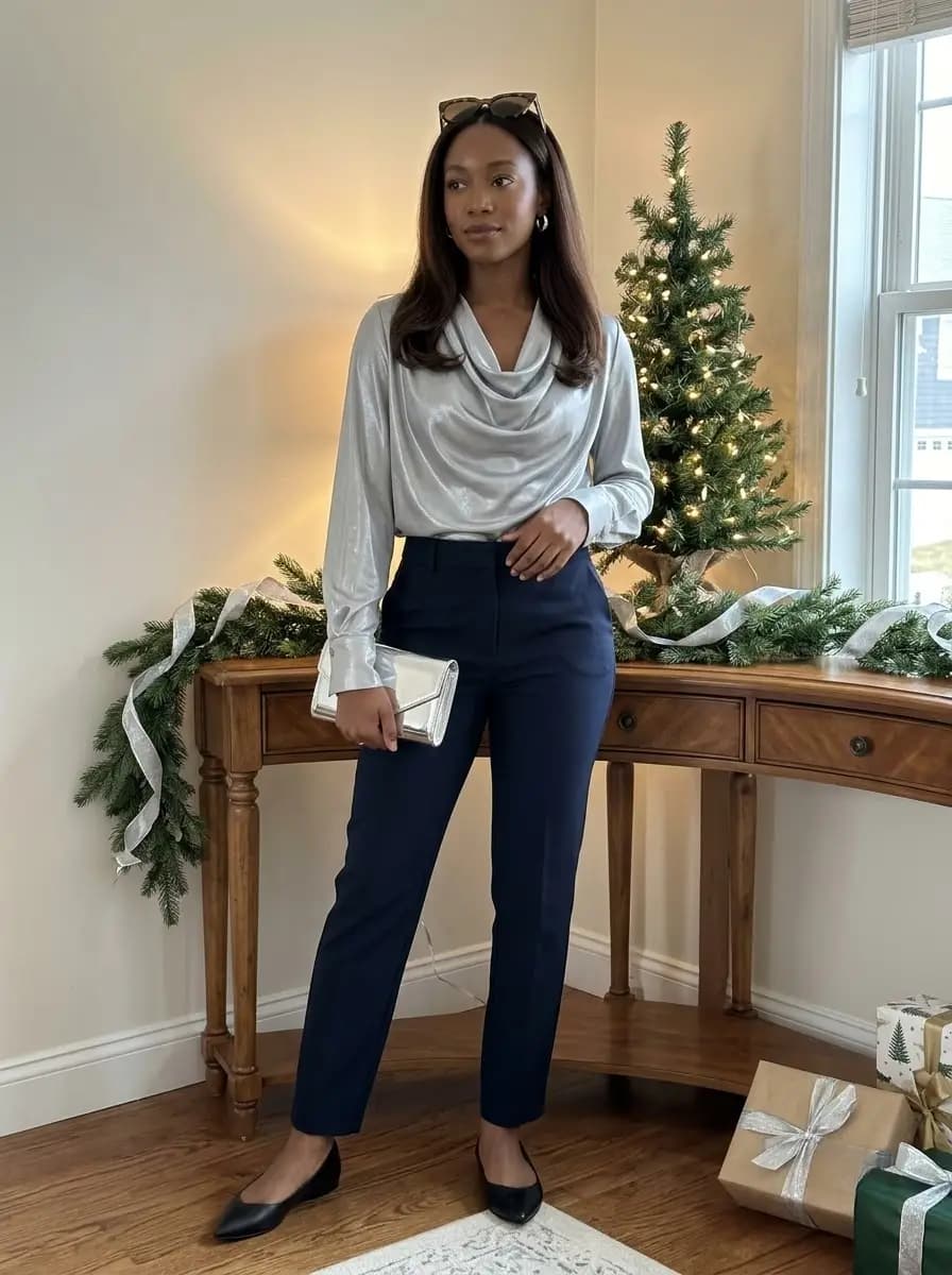 Silver cowl-neck blouse with navy tailored trousers and metallic clutch