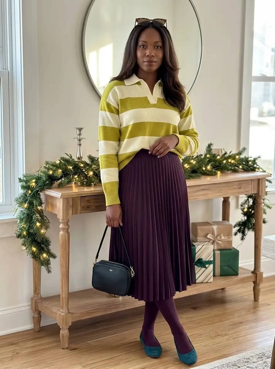 Yellow striped collared sweater with plum pleated midi skirt and plum tights