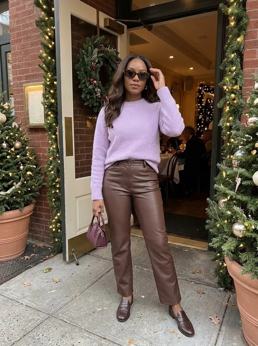 Lavender knit sweater with brown faux-leather trousers and brown loafers