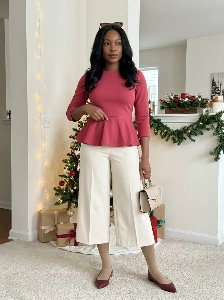 Red peplum top with cream wide-leg culottes and burgundy flats