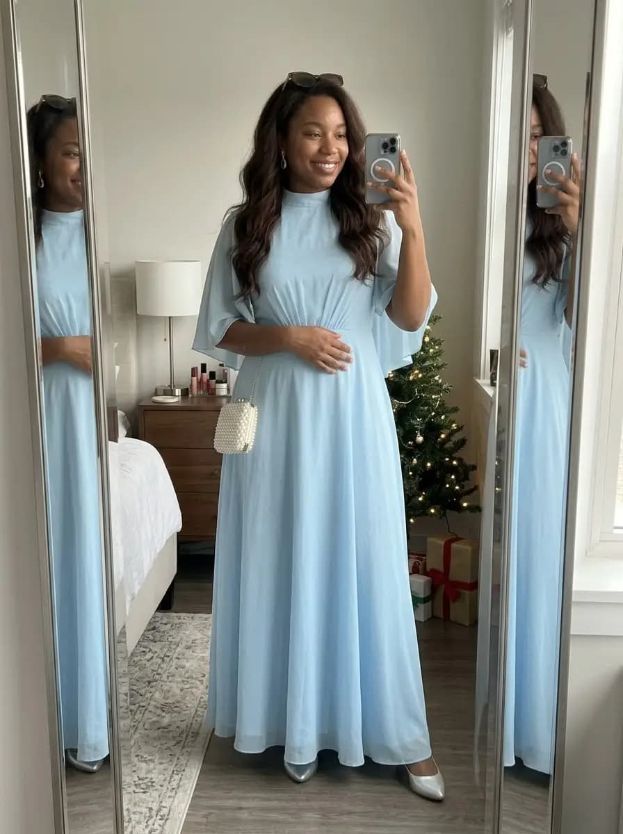 Pale blue chiffon maxi dress with flutter sleeves and silver metallic heels