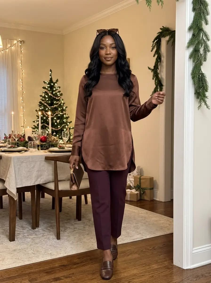 Brown satin tunic top with burgundy tailored trousers and brown loafers