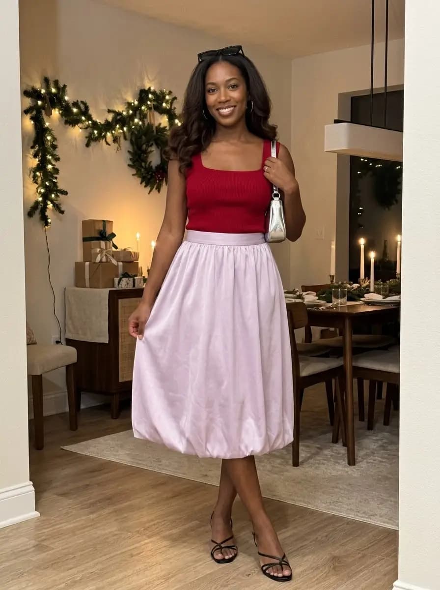 Red sleeveless ribbed top with pale pink bubble midi skirt and strappy heels