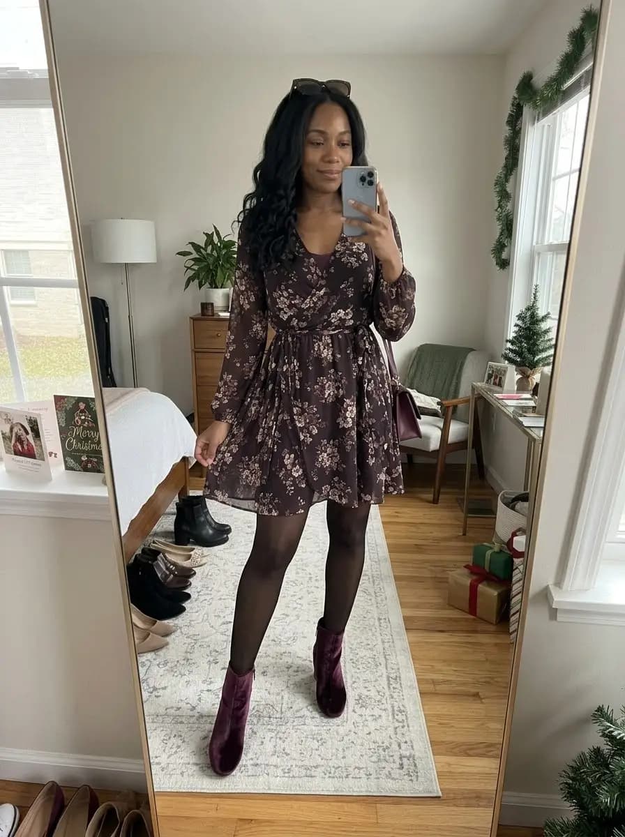 Brown floral print long sleeve wrap dress with sheer tights and burgundy boots