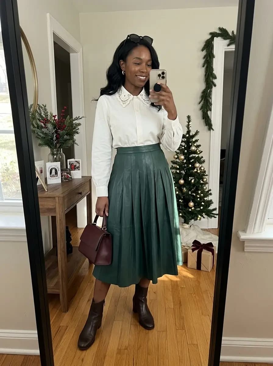White shirt with embellished collar and dark green faux-leather pleated skirt