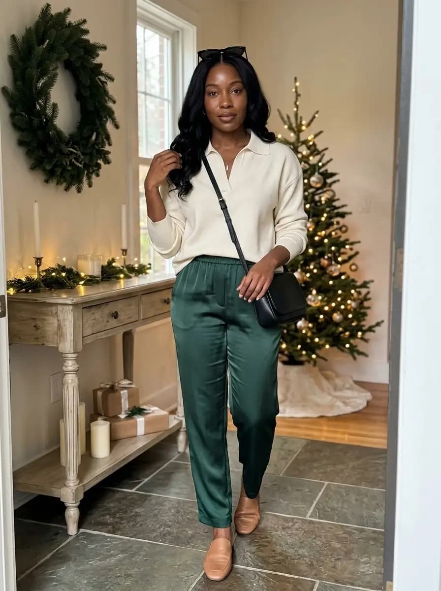 Cream knit polo sweater with dark green satin trousers and loafers