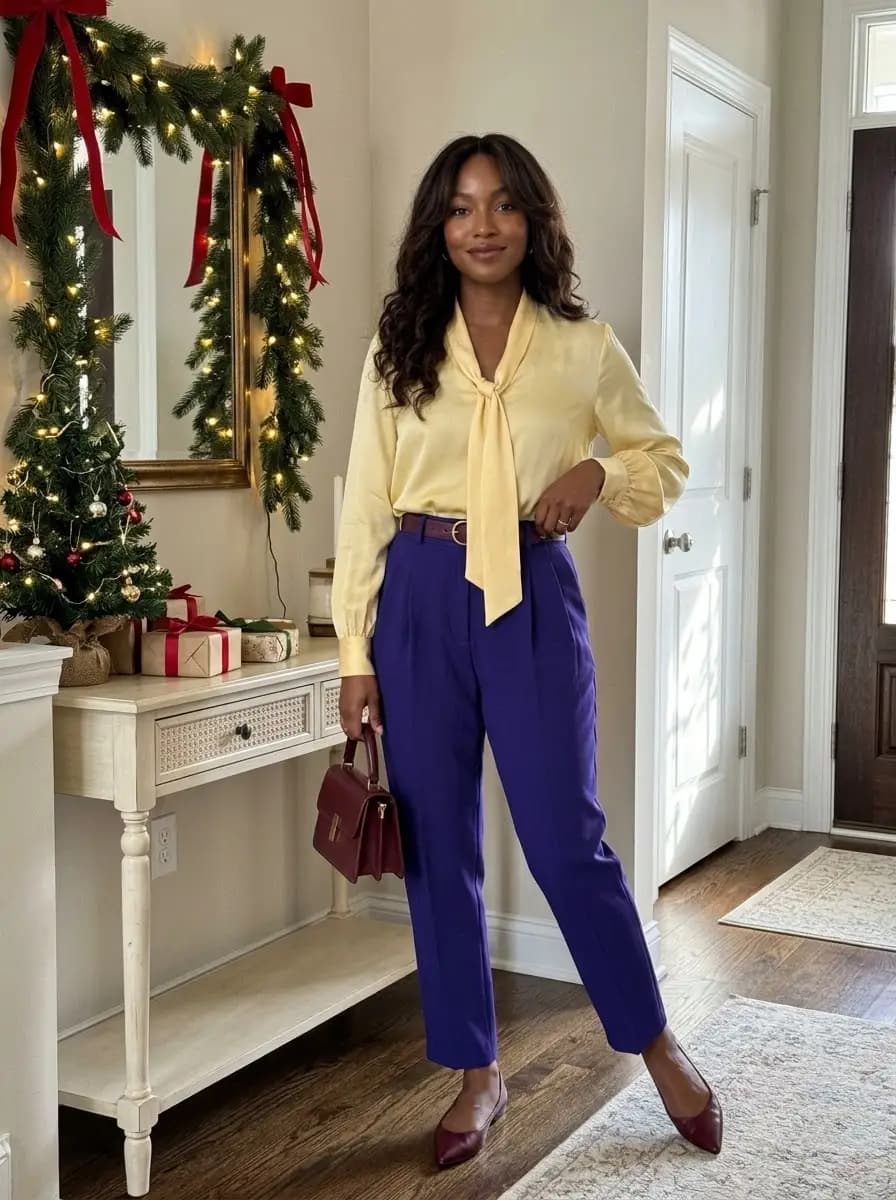 Yellow bow-neck blouse with purple pleated trousers and burgundy accessories