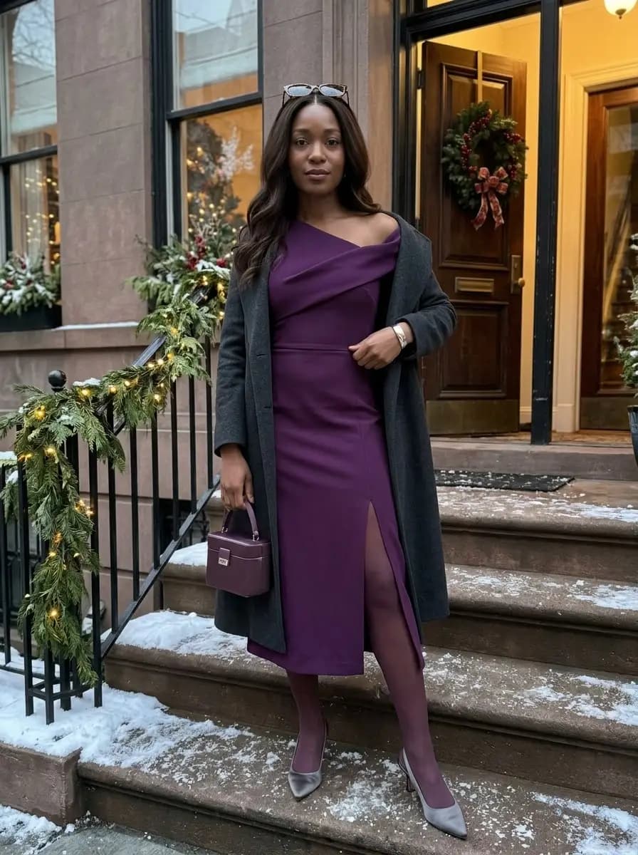 Dark grey longline coat over purple one-shoulder midi dress with plum tights