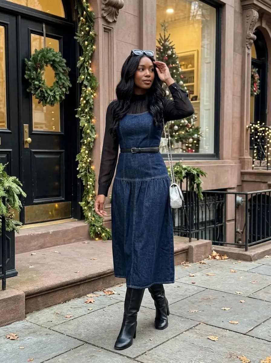 Black sheer long-sleeve top under dark wash denim pinafore dress with tall black boots