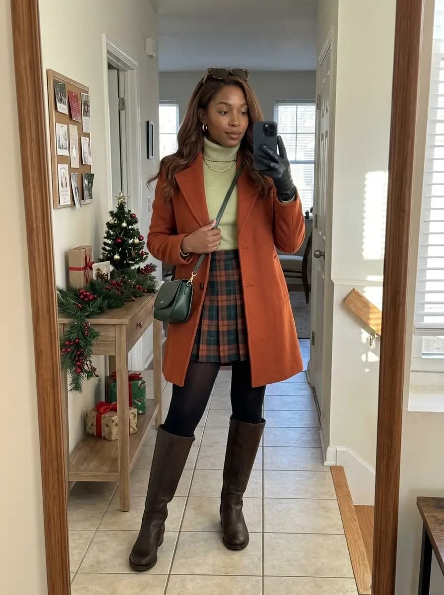 Rust wool-blend coat with light green turtleneck and red and green plaid mini skirt