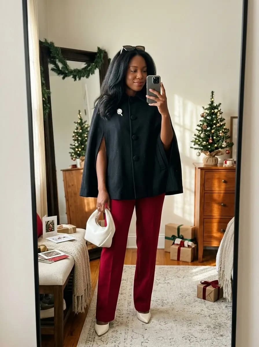 Black cape coat with red tailored trousers and cream pumps