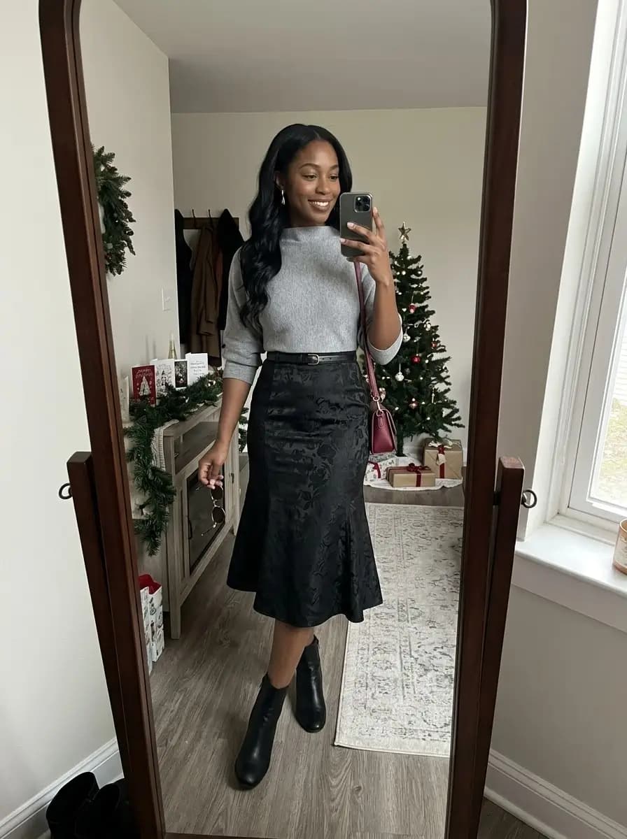 Grey cropped sweater with black jacquard mermaid midi skirt and ankle boots