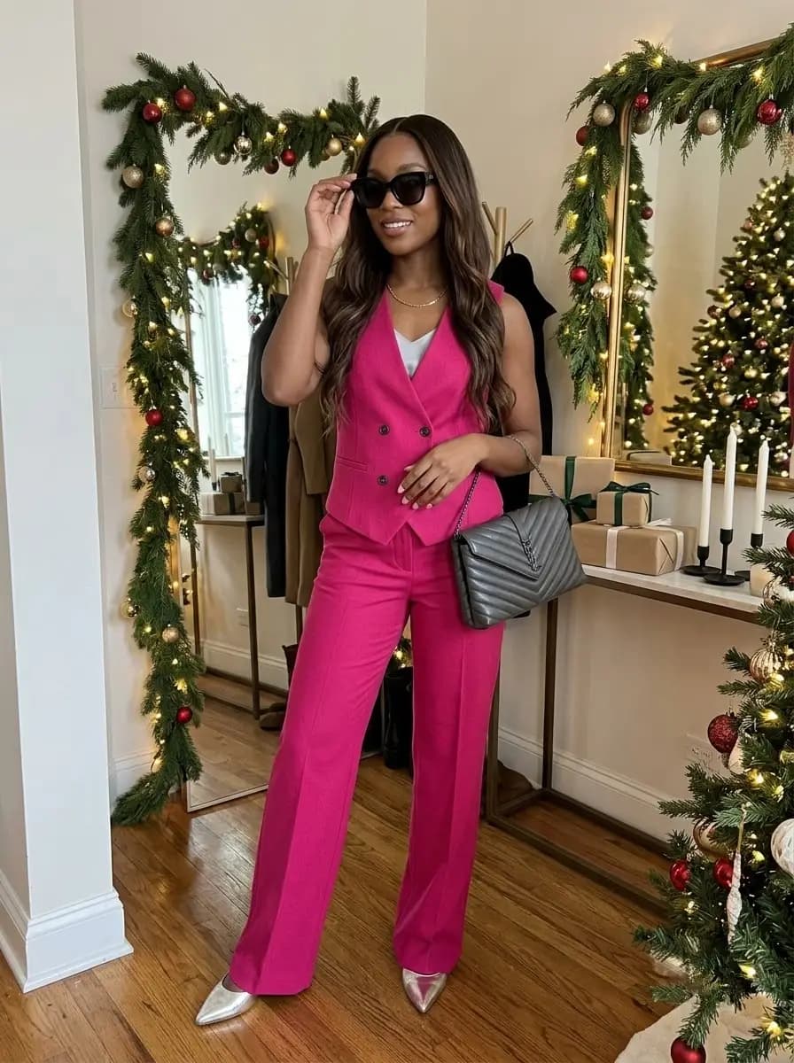 Hot pink double-breasted vest and wide-leg trousers over a white tee with silver pumps