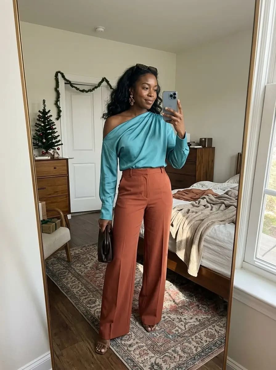 Teal one-shoulder drape top with rust wide-leg trousers