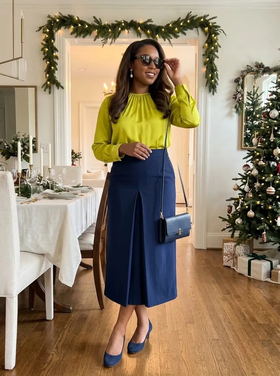 Lime green satin high-neck blouse with navy blue pleated midi skirt