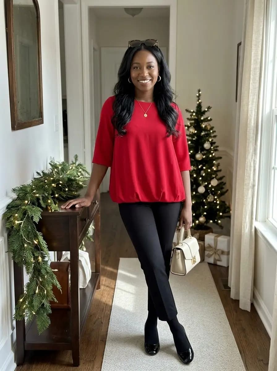 Red boxy top with black tailored trousers and patent shoes
