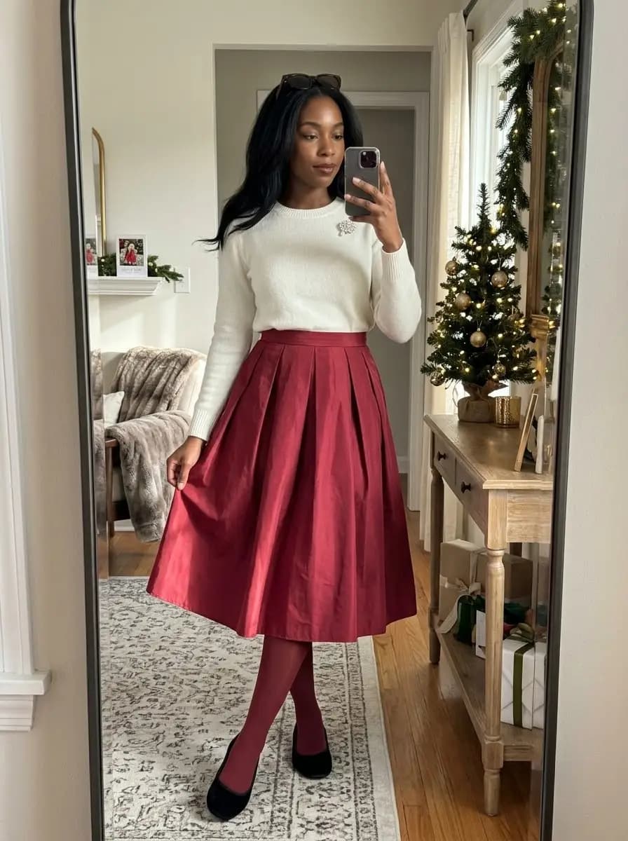 Cream knit sweater with burgundy pleated midi skirt and matching tights