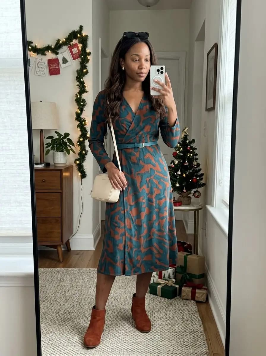 Teal and rust printed wrap midi dress with rust ankle boots