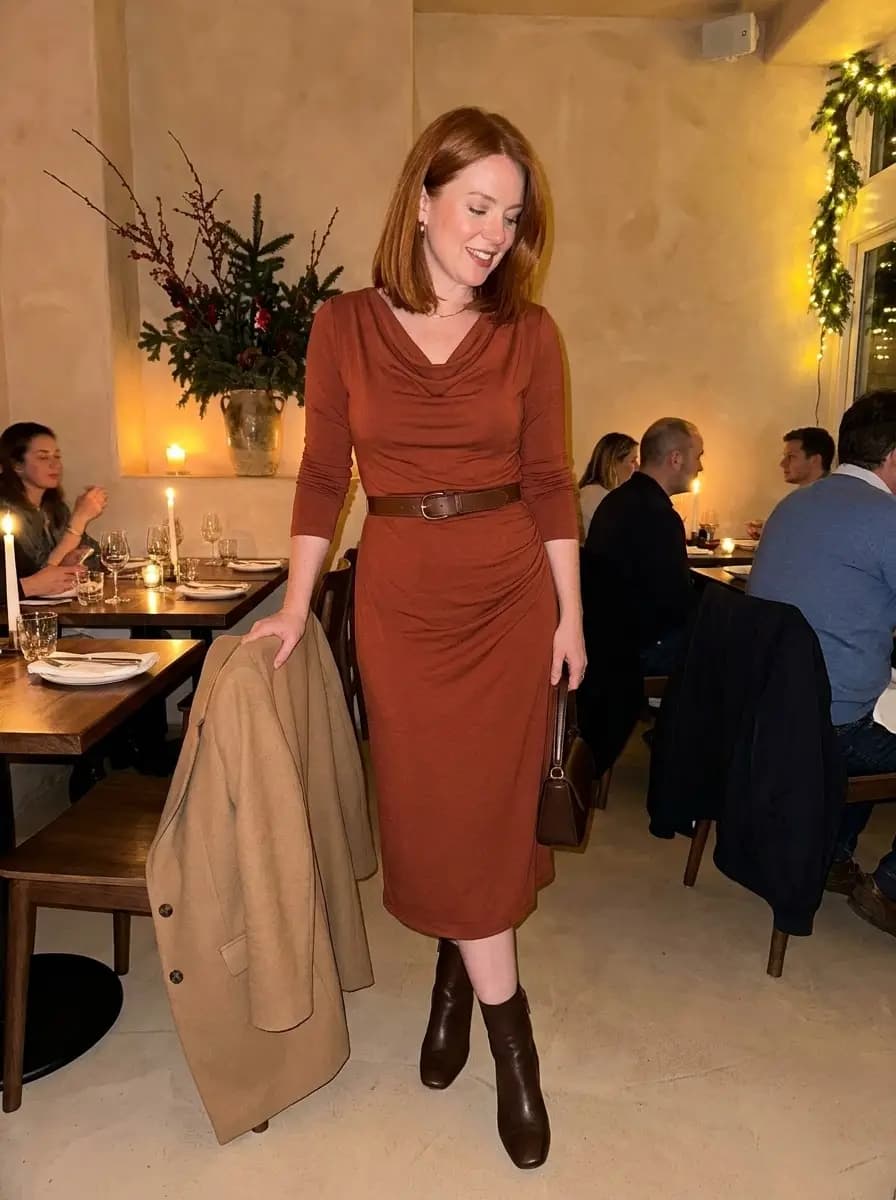 Rust Cowl-Neck Midi Dress with Brown Ankle Boots