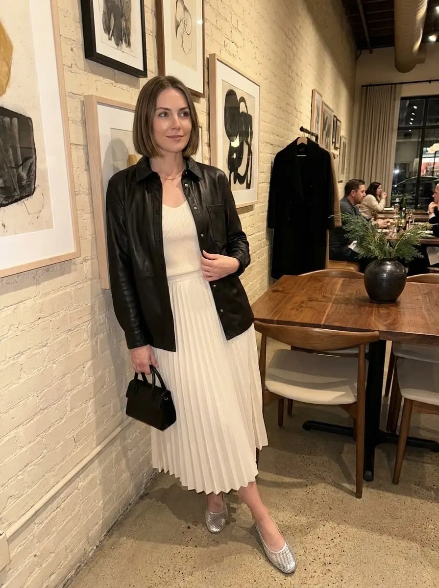 Black Leather Shirt Jacket with a Cream Pleated Midi Skirt