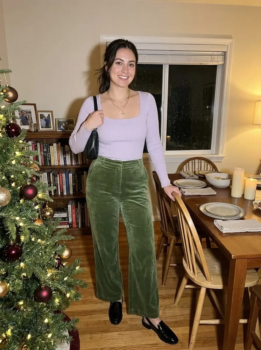 Lavender Ribbed Top with Green Velvet Trousers