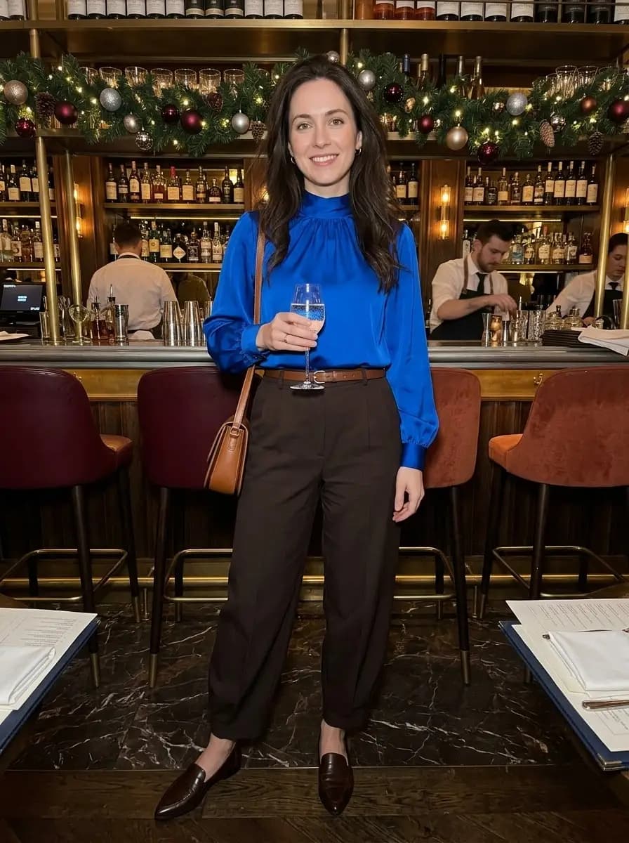 Cobalt Satin Blouse with Chocolate Tailored Trousers