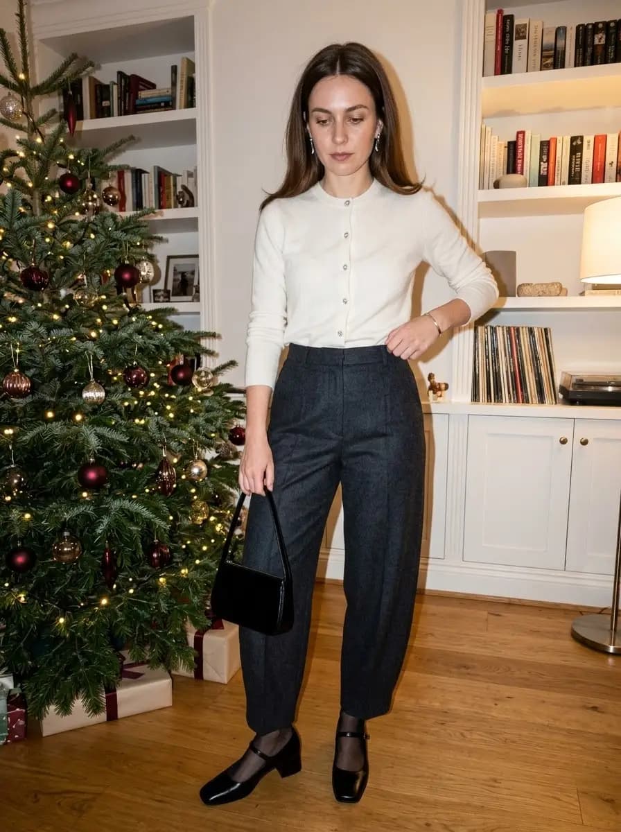 Ivory Cardigan with Charcoal Tailored Trousers