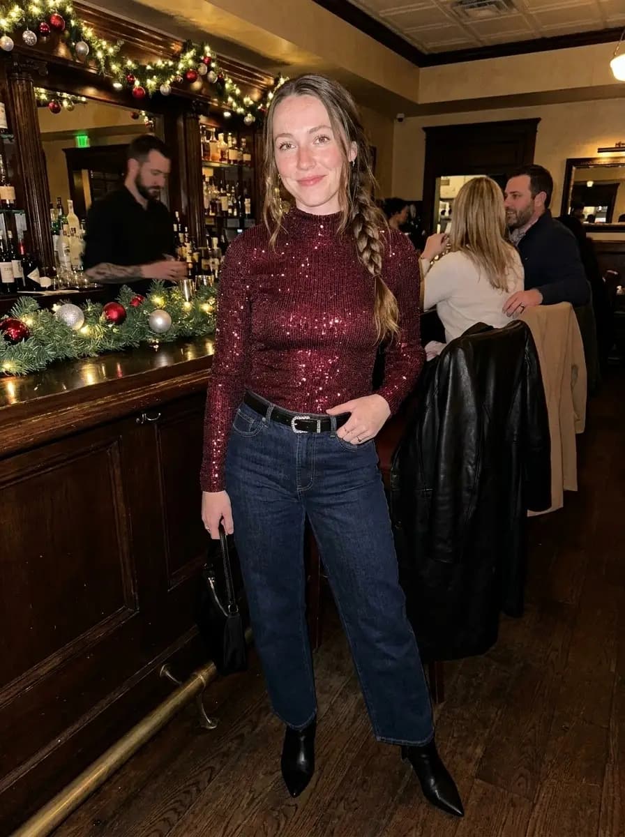 Burgundy Sequin Top with Dark-Wash Jeans