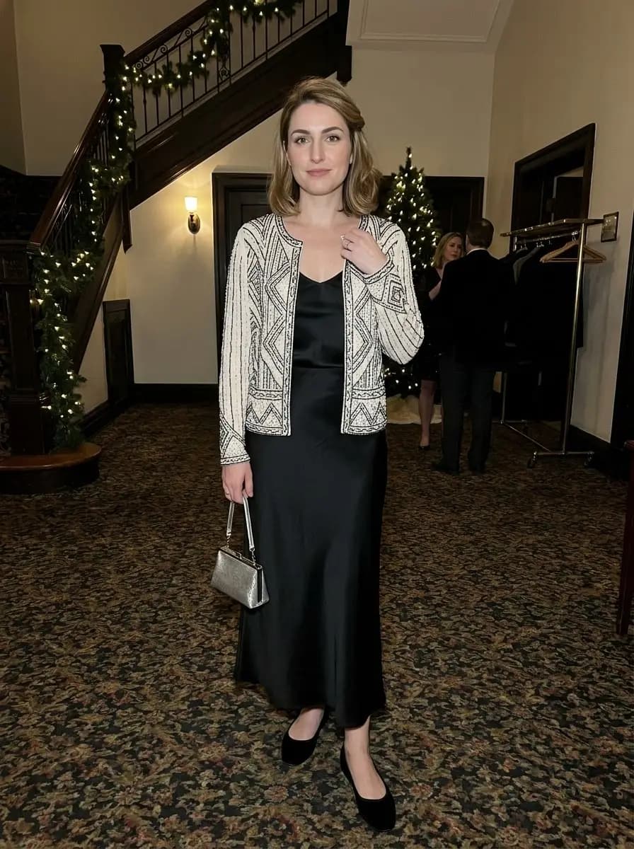 Black Satin Slip Dress with an Embellished Jacket