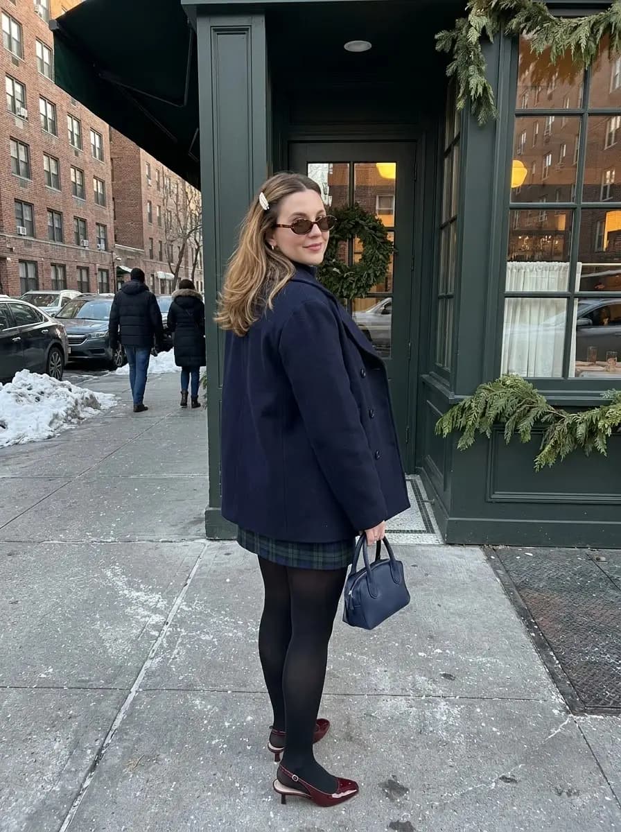 Navy Blazer with a Tartan Mini Skirt