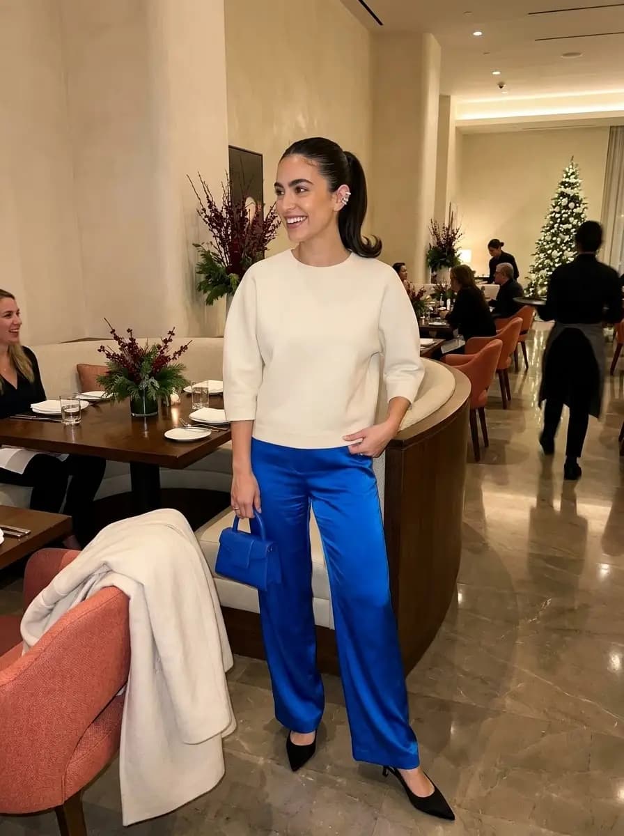 Cream Sweater with Cobalt Satin Trousers