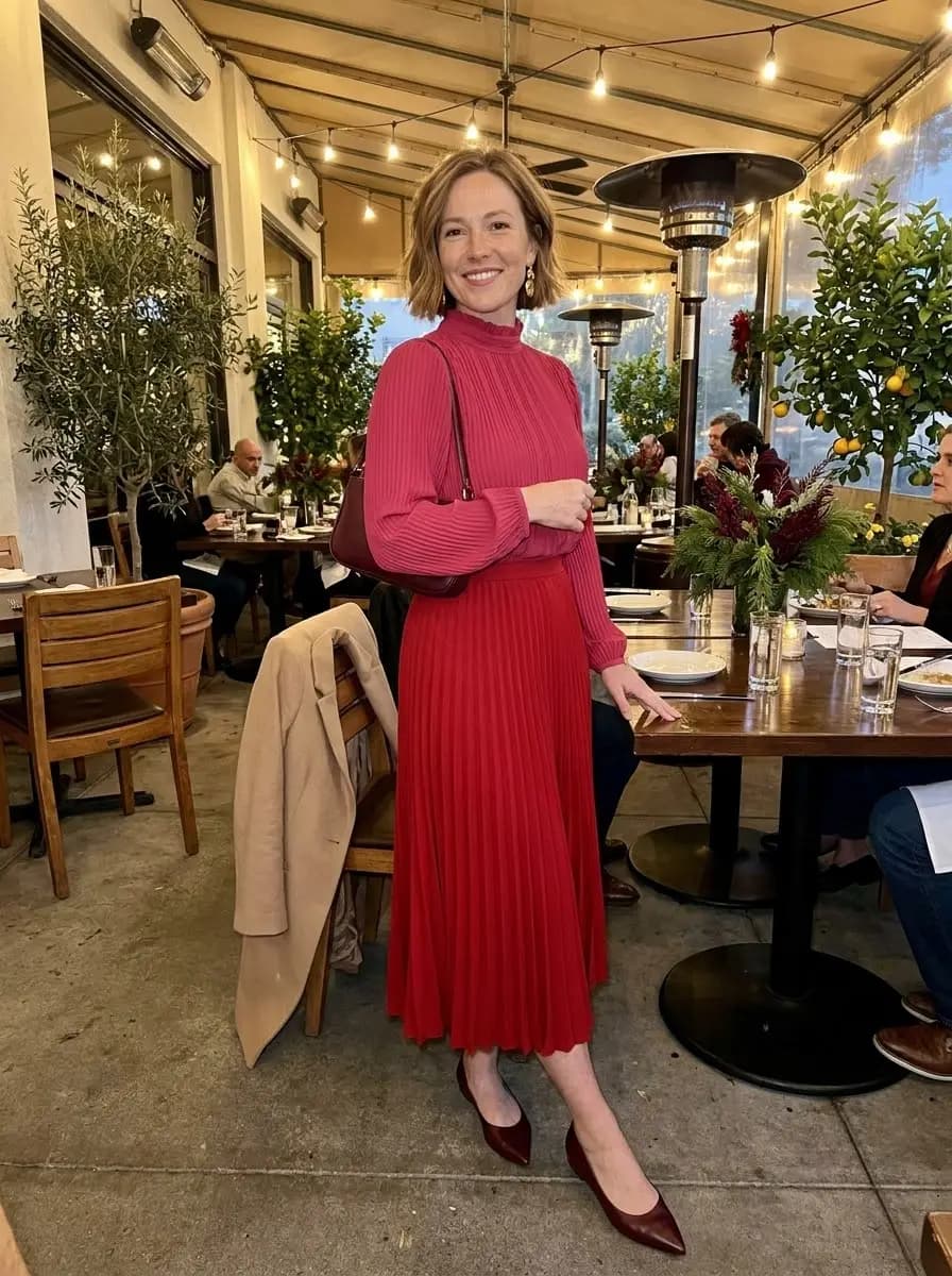 Red Pleated Blouse with a Matching Midi Skirt
