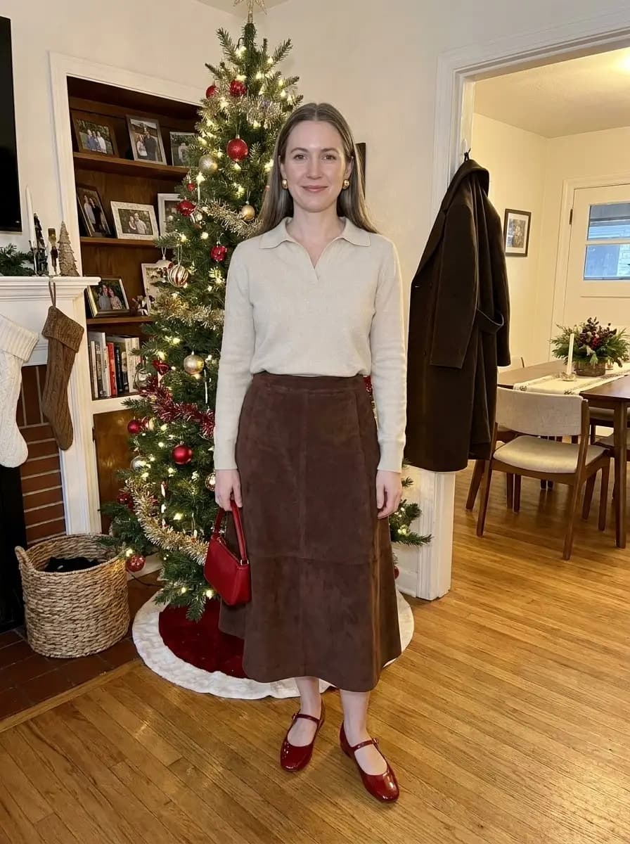 Cream Collared Sweater with a Brown Midi Skirt