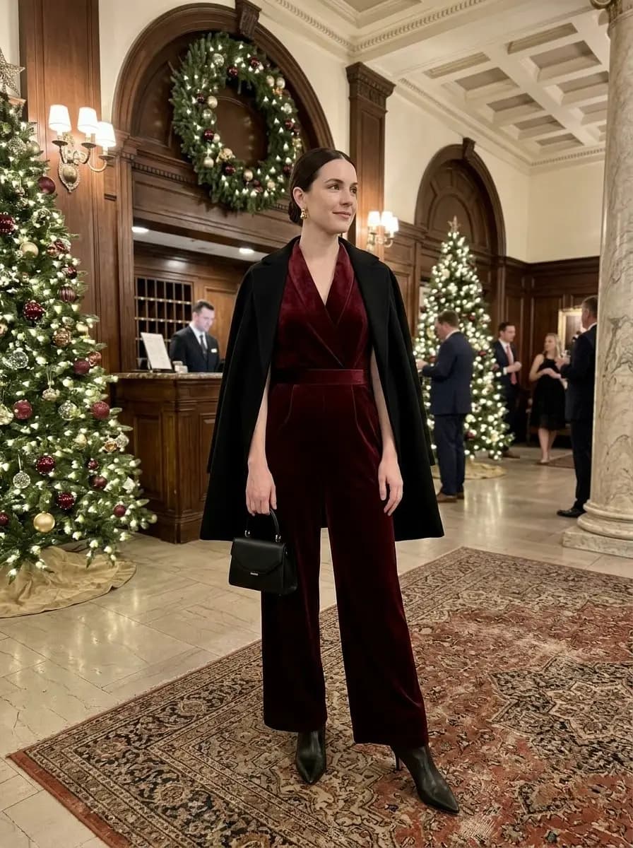 Styling a Cape Coat On Velvet Jumpsuit