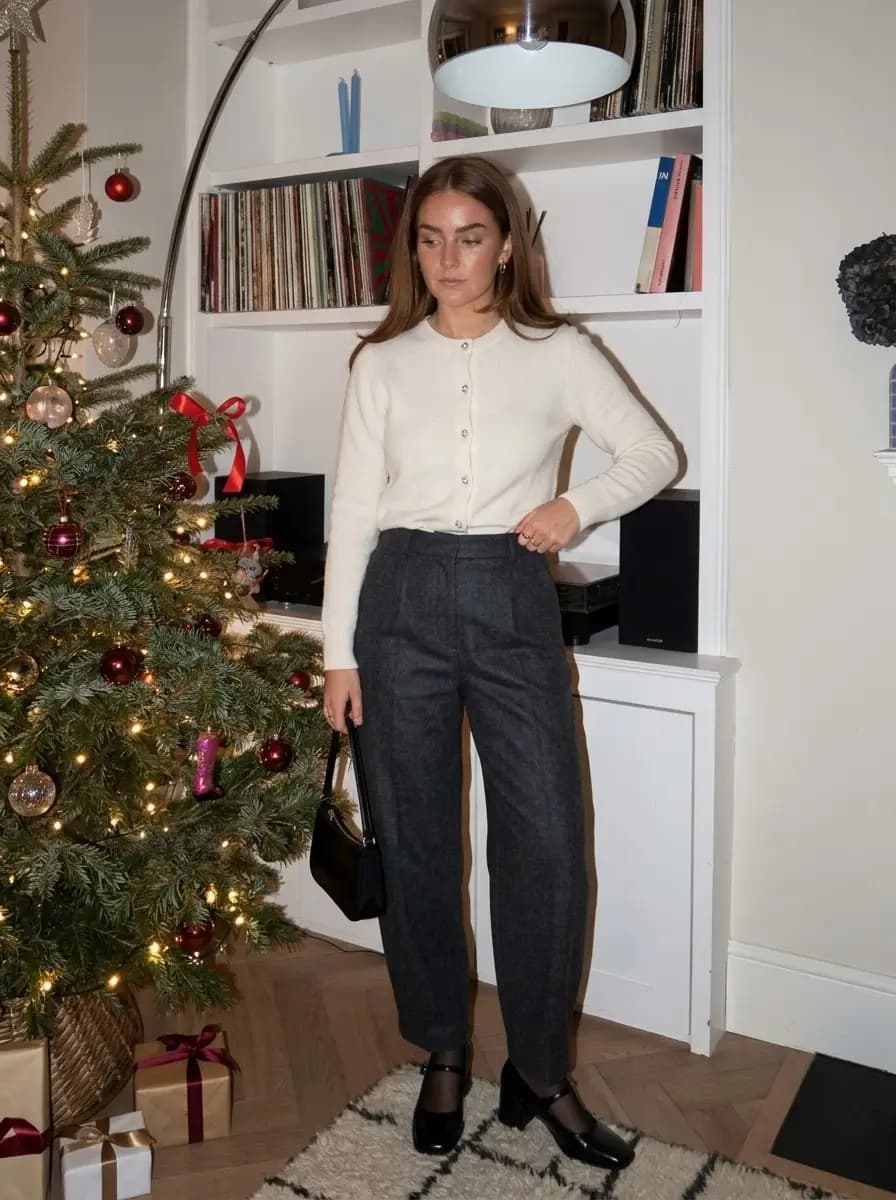Cream Cardigan with Charcoal Tailored Trousers