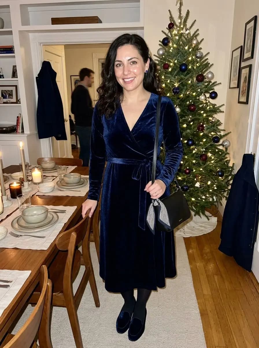 Navy Velvet Wrap Midi Dress