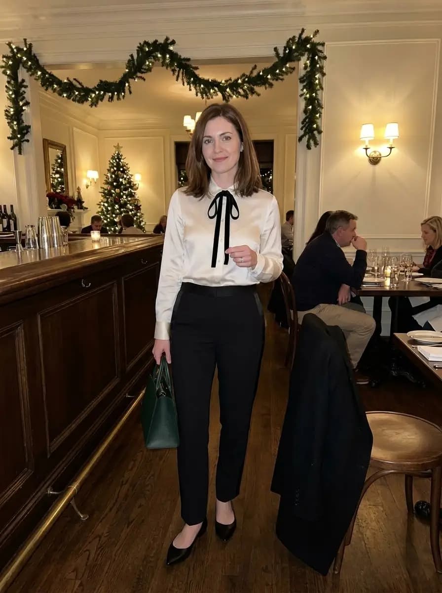 Ivory Bow-Neck Blouse & Trousers