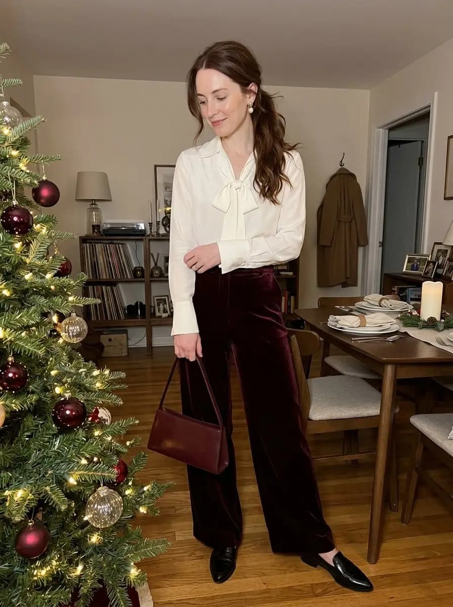 Ivory Bow-Neck Blouse with Burgundy Velvet Trousers