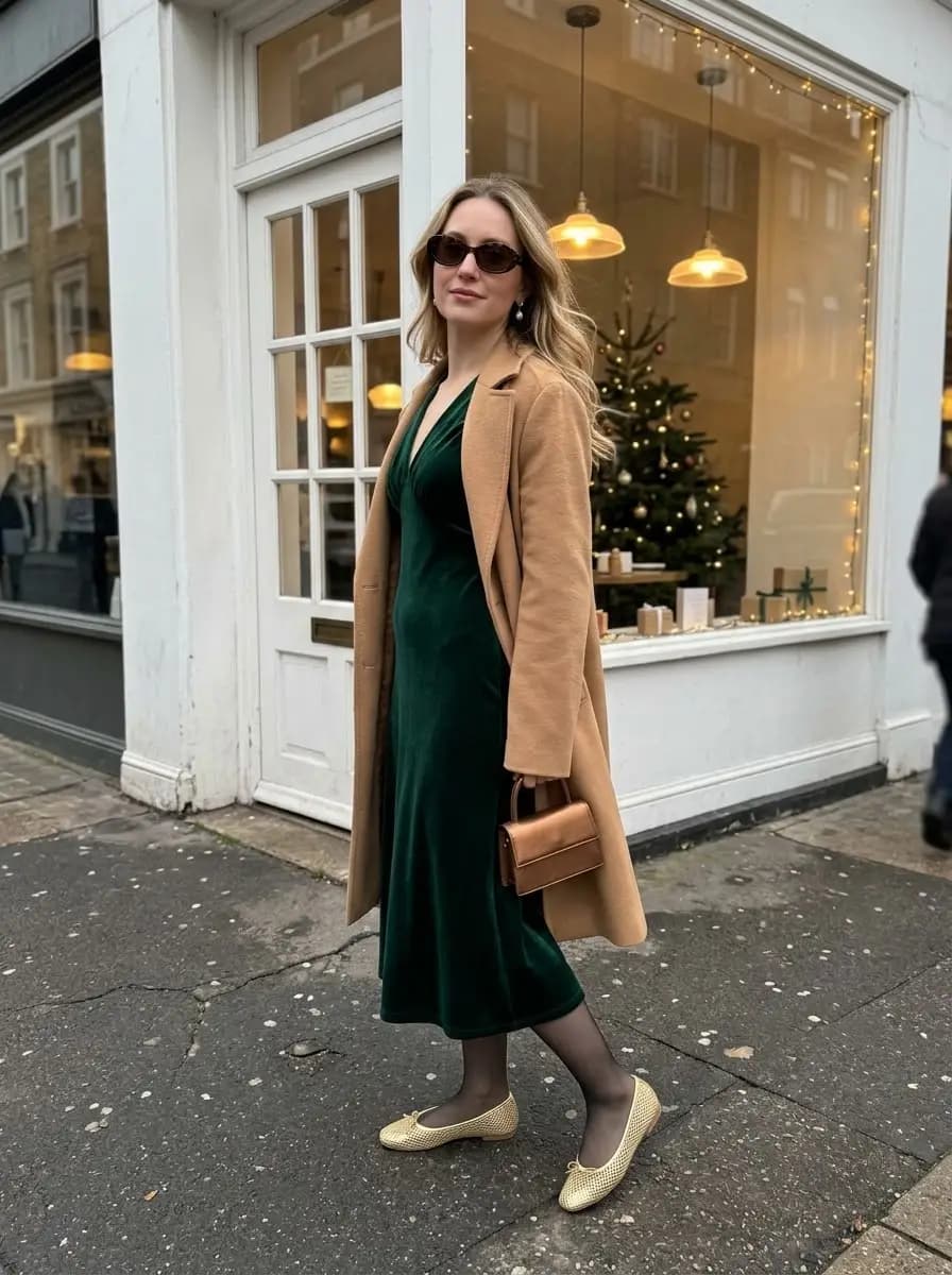 Camel Coat Over an Emerald Velvet Midi Dress