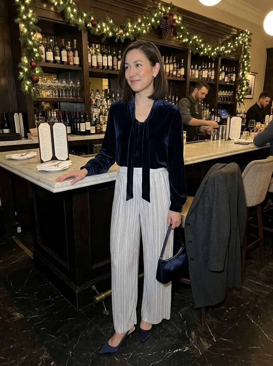 Navy Velvet Blouse with Silver Pleated Trousers
