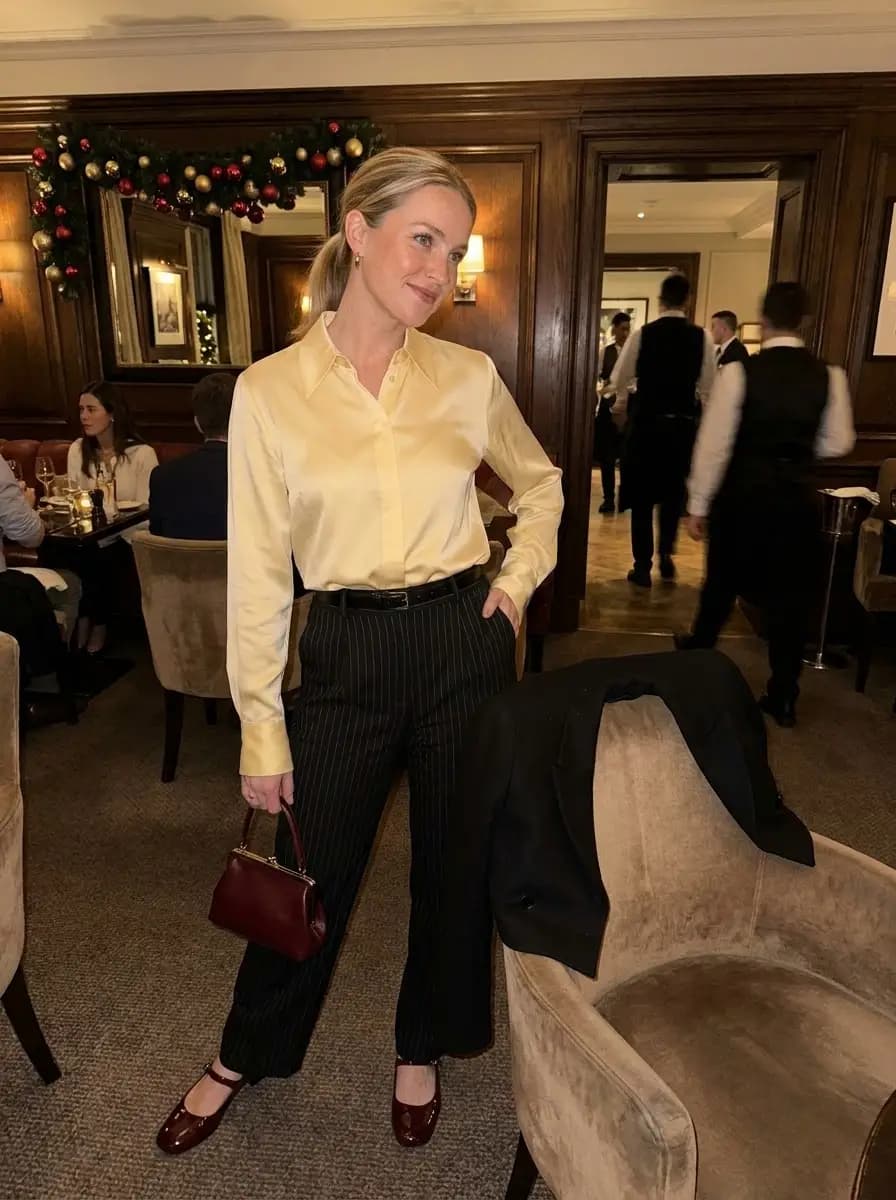 Champagne Satin Blouse with Pinstripe Trousers