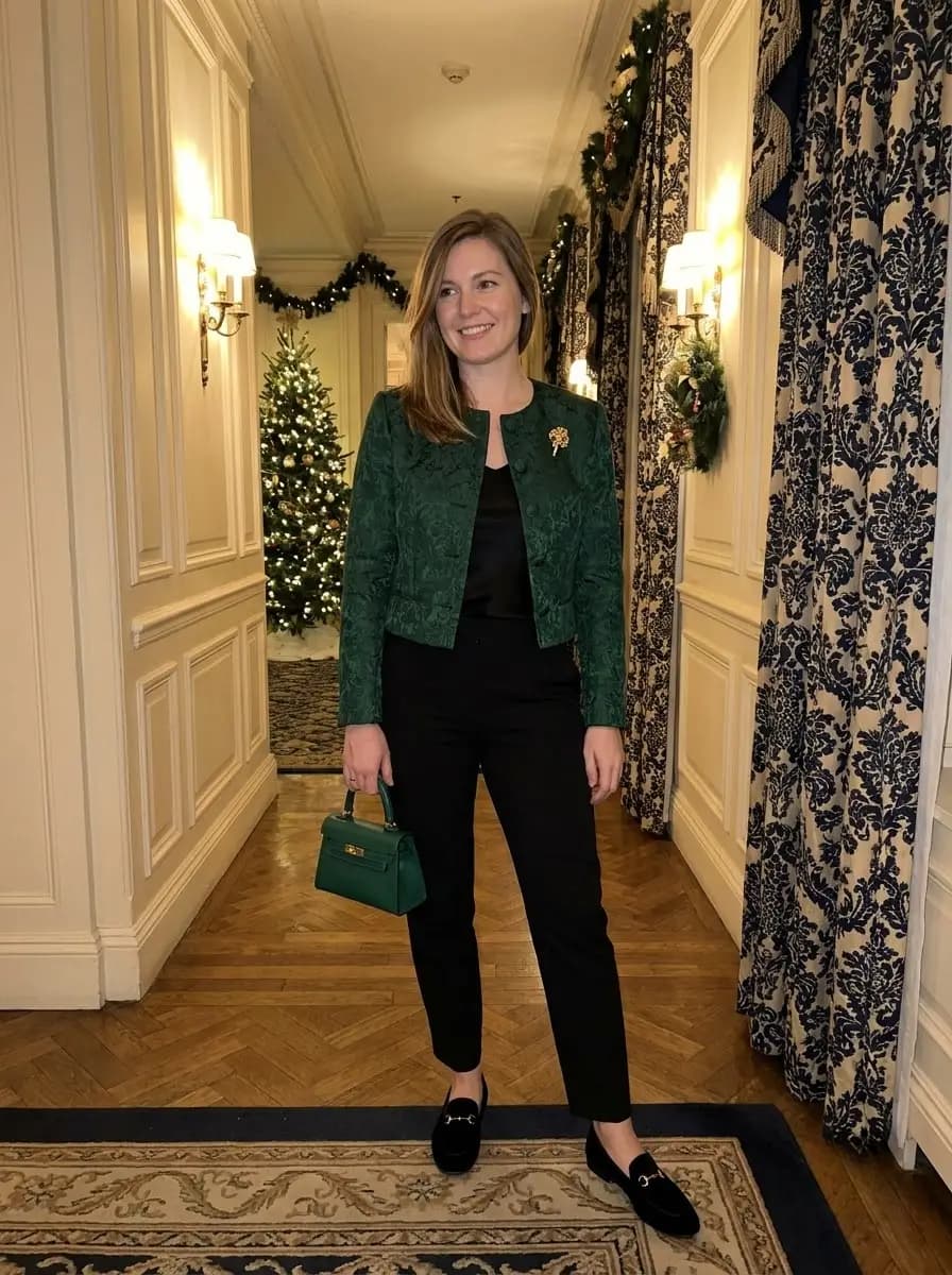 Emerald Brocade Jacket with Black Trousers