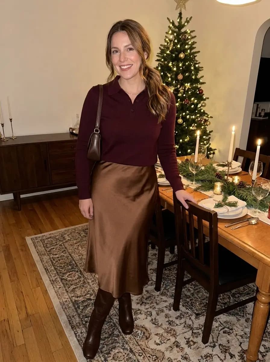Burgundy Polo Top with a Brown Satin Midi Skirt