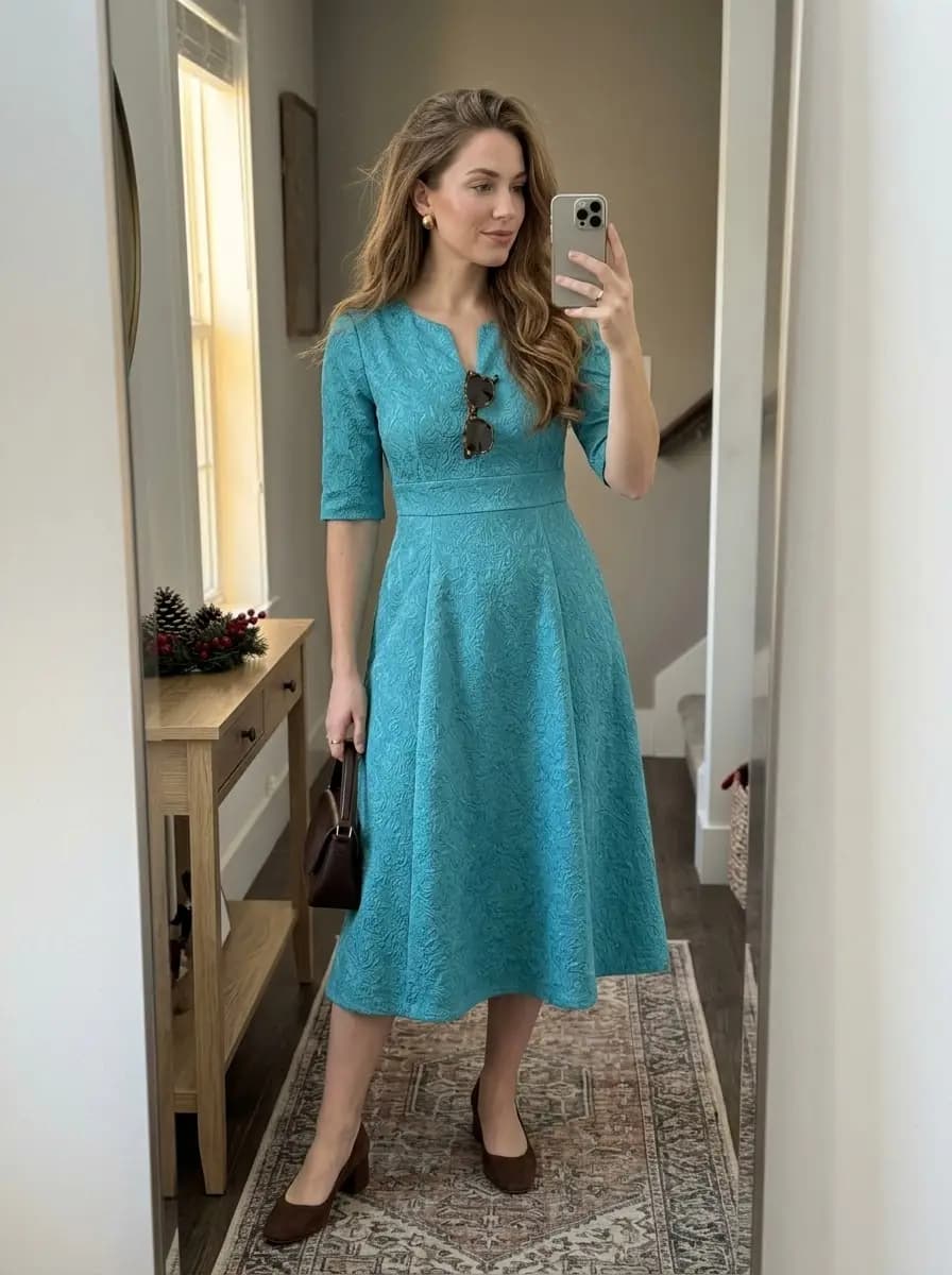 Teal textured midi dress with chocolate-brown pumps and small handbag
