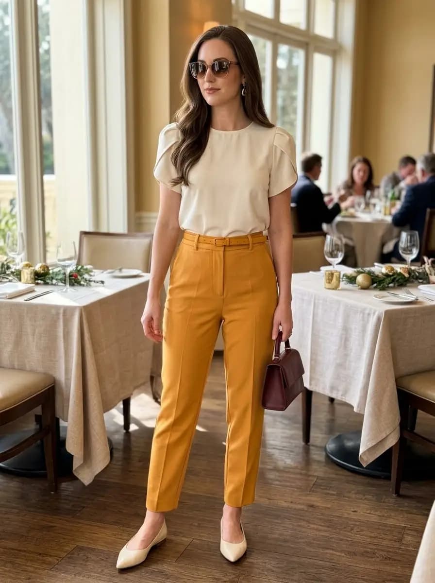 Cream cap-sleeve top with mustard trousers and cream pointed flats